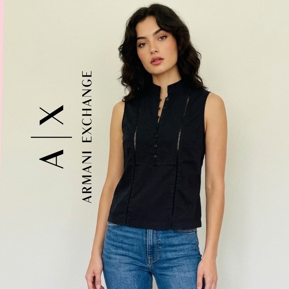 Armani‎ Exchange Womens Black Sleeveless Mock Neck Button Top Ladder Stitch S
